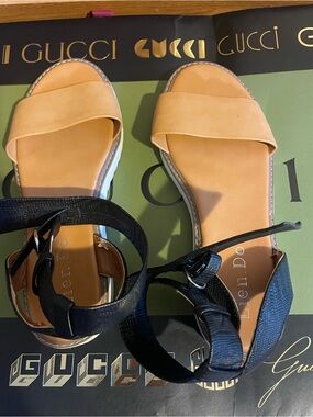 Two-Tone Tan and Black Ankle-Strap Sandals